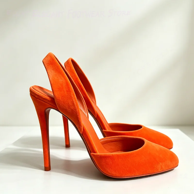 Bright Orange Suede Slingback Sandals Round Women Colorful Pumps Fuchsia Red Stiletto Heels Purple Elastic Pink Cute Shoes Girls - view 2
