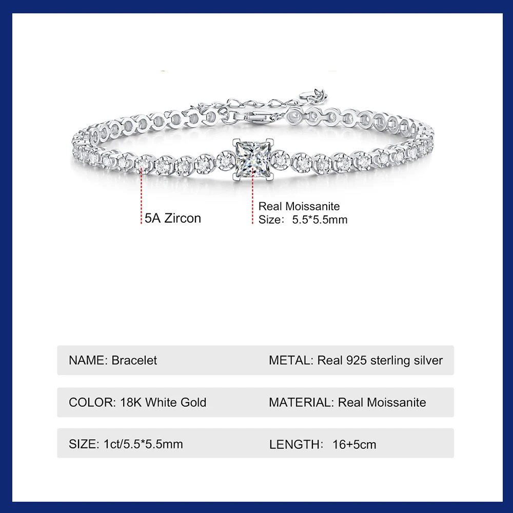 Sweetrain Real Moissanite Tennis Bracelet for Women 925 Sterling Silver Princess Cut Diamond Bracelets Wedding Fine Jewelry GRA