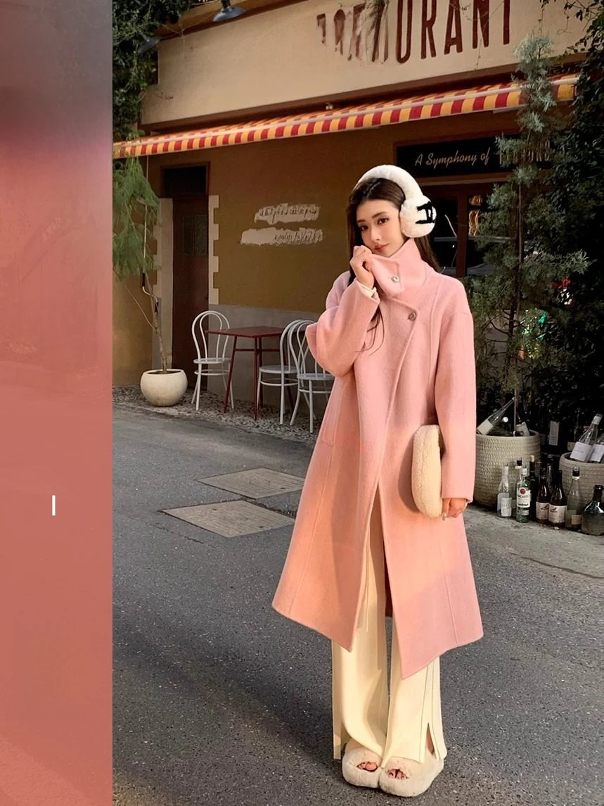 

Женское шерстяное пальто Huazuo с воротником-стойкой, осенне-зимнее, свободного кроя, средней длины, из твида, с длинными рукавами, для повседневной носки, модное