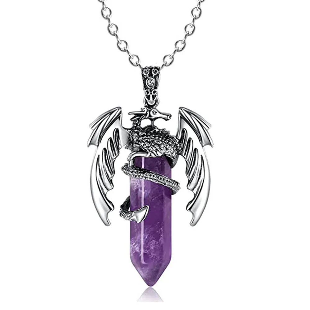 Natural Crystal Animal Dragon Pendant Pterosaur Necklace Women Men Stainless Steel Chain Hexagonal Raw Quartz Lucky Jewelry Gift