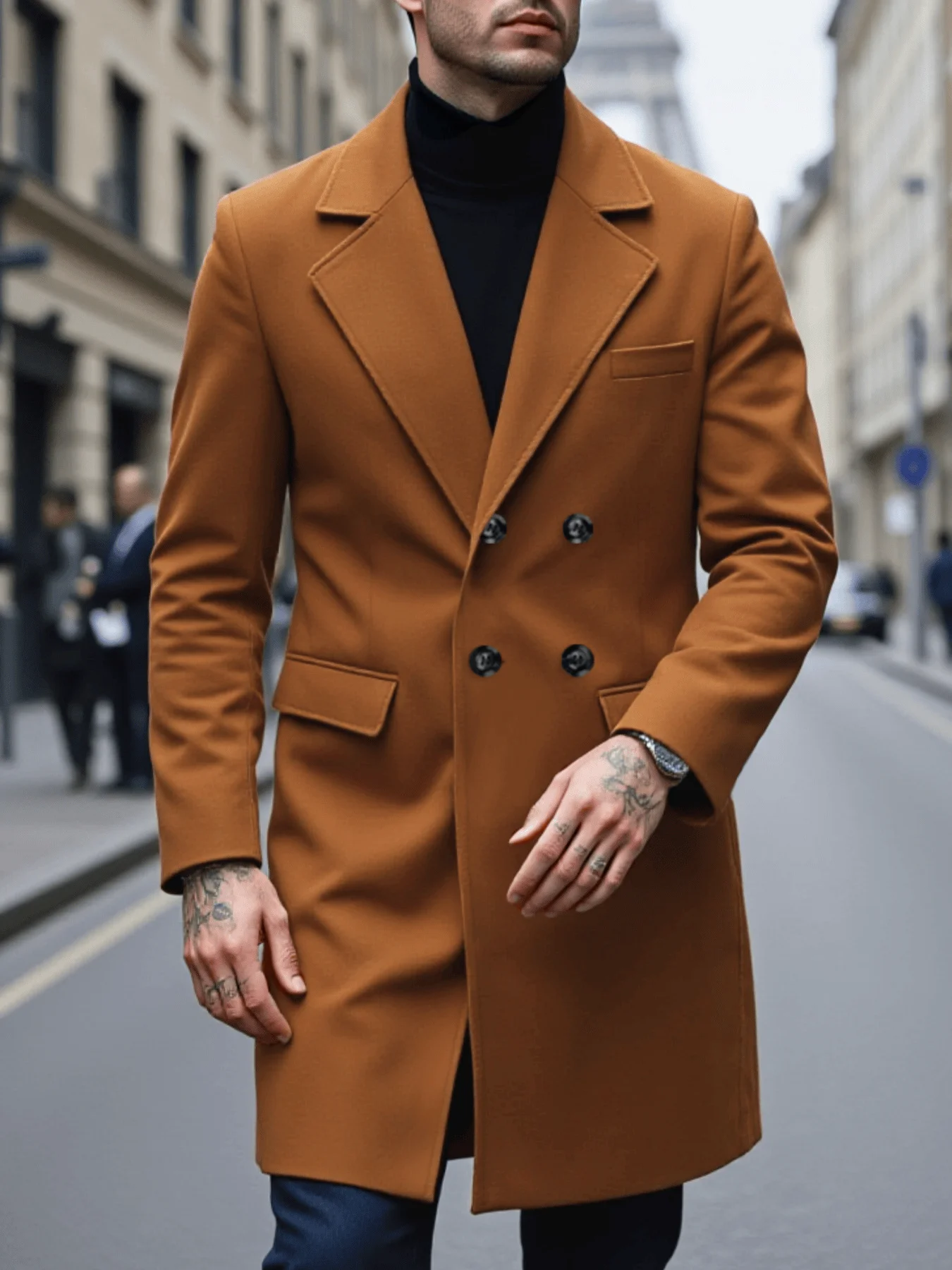 

Winter Trench Coat DoubleBreasted Woolen Blend Thickened Windproof Warm Fabric British Retro Style Business Commute Outerwear