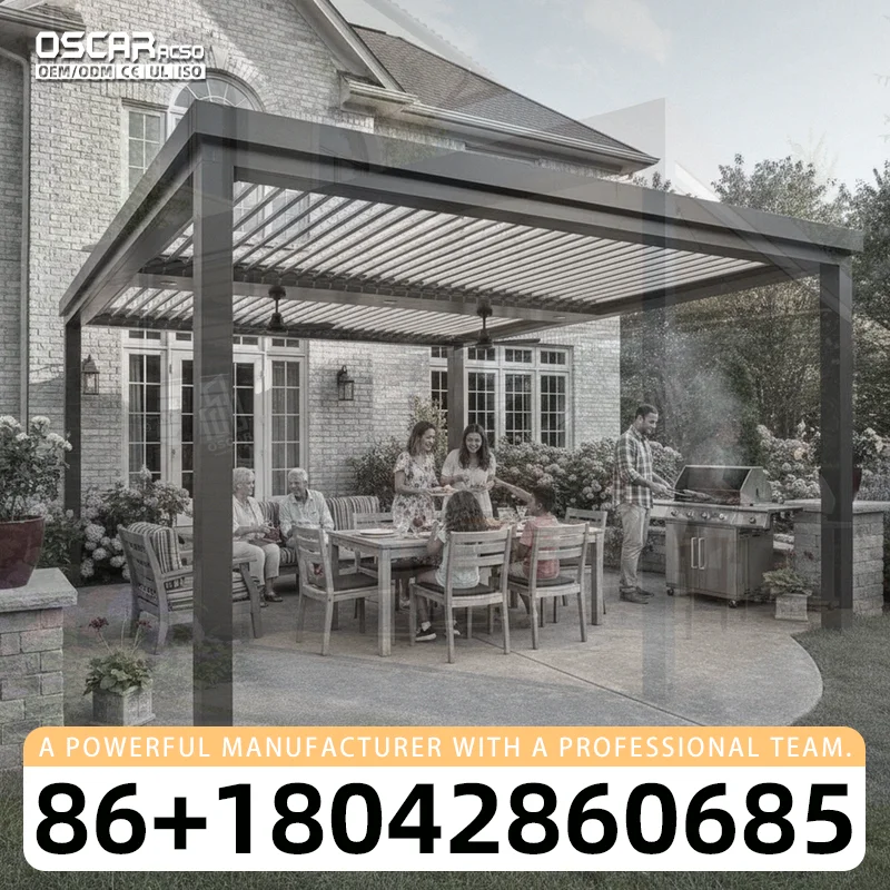 2026 New Style Sun blocking Rain sheltering Motorized Aluminum Outdoor Shade with LED Lighting Customizable Sizes for Garden Pat