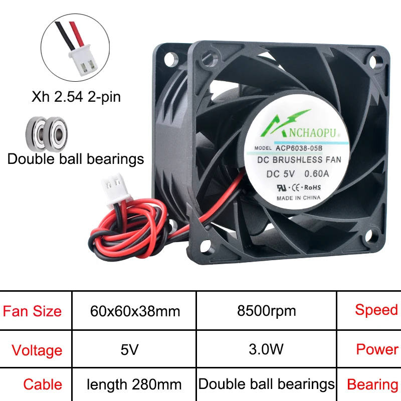 Wysokowydajny wentylator osiowy ACP6038 60x60x38mm 5V/12V/24V DC 2-Pin do chłodzenia zasilaczy serwerowych, komputerów i elektroniki. — zdjęcie produktu 4