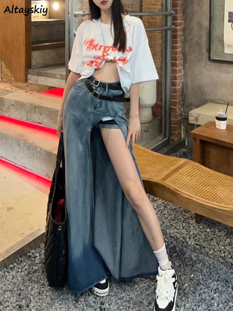 

Side-slit Denim Skirts Women Long Leisure Ulzzang Chic Streetwear Cool Personality Sexy Distressed Design Vintage Hip Hop Summer