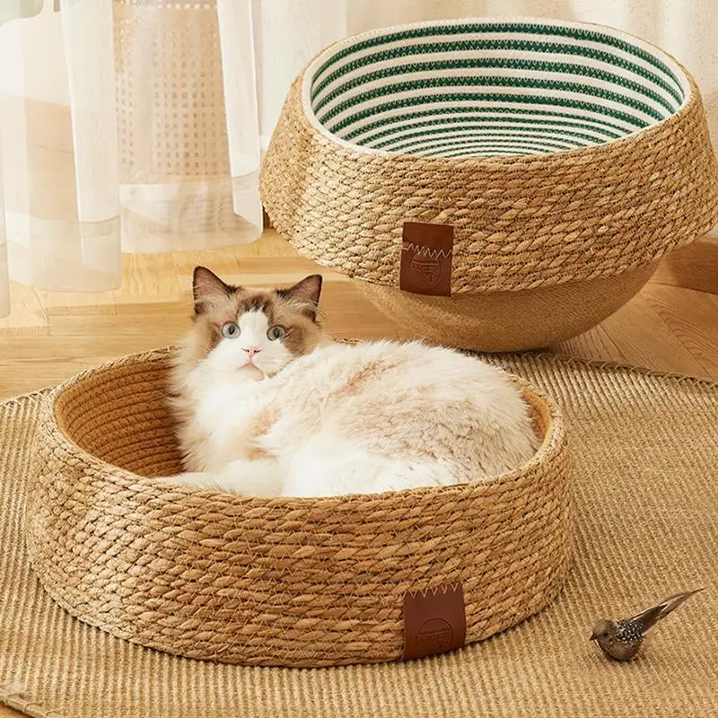 Cat Basket Bed Rattan Weave Pet Furniture Cat Bed Basket Nest Wicker Dog Bed Cat Scratching Board Cozy Kitten Bed For Cat