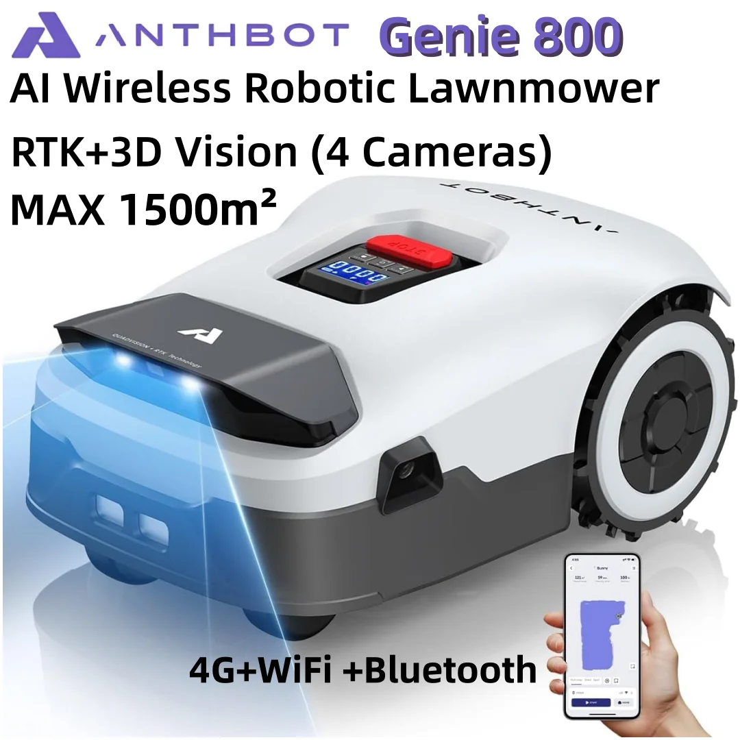 ANTHBOT Genie 800 Roboter-Rasenmäher, Ohne Begrenzungskabel, Max. 1500 m², Roboter-Rasenmäher mit RTK + 4-Kamera-Vision, Präzise Navigation, KI-Hindernisvermeidung, mit App-Steuerung