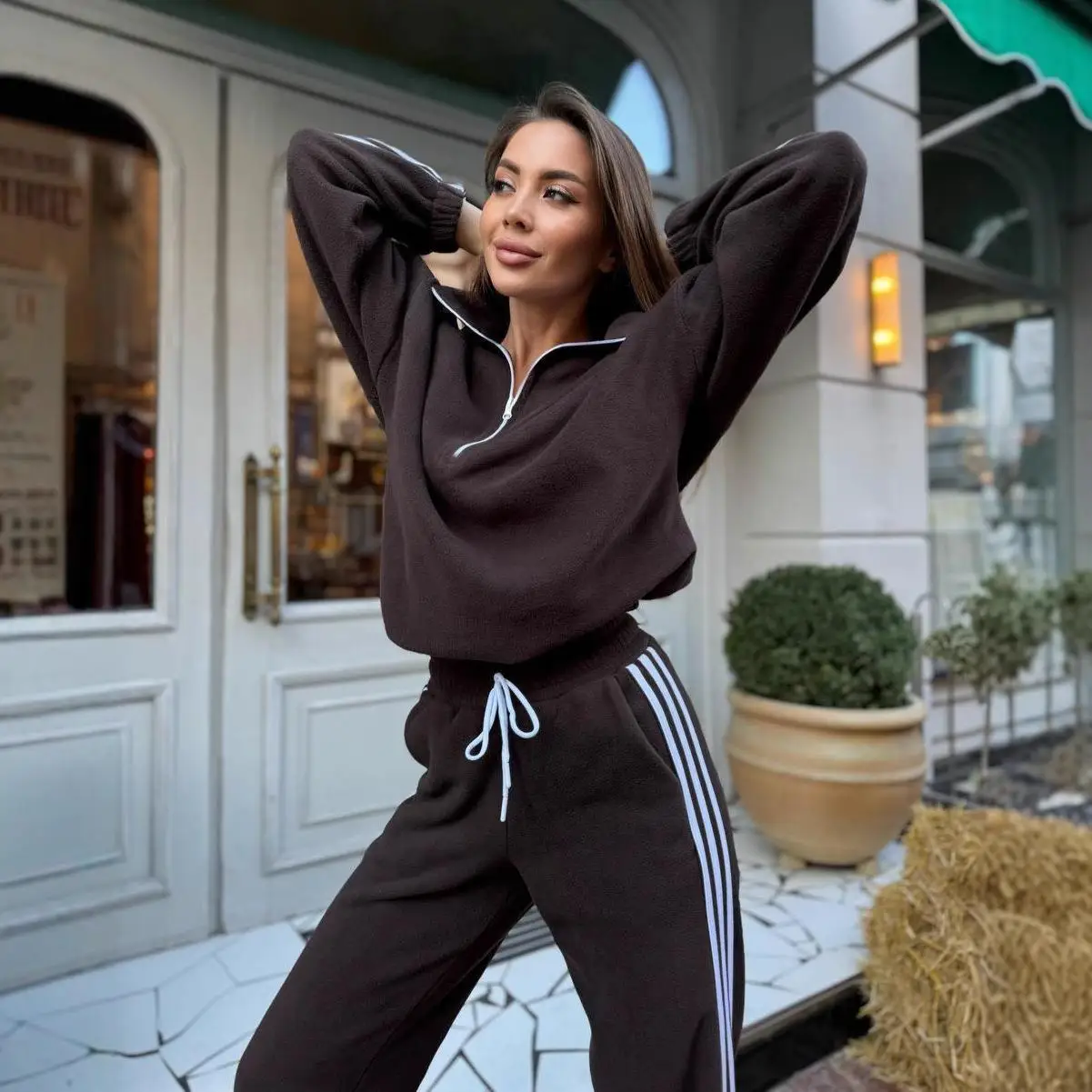 

Loose Casual Women's Two-Piece Set Color Long Sve Zipper Top Belted Long Pants Comfortable Autumn Outfit