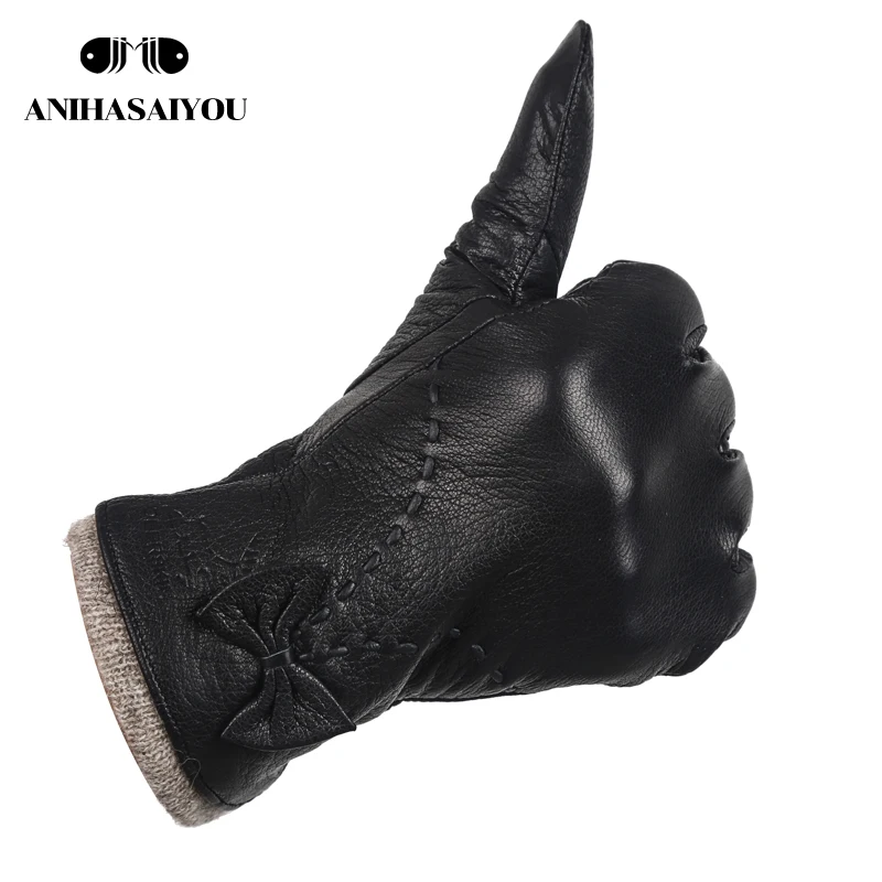 Guantes de cuero de alta calidad para mujer, guantes de piel de oveja de cuero genuino para mujer, guantes de invierno para exteriores para mujer