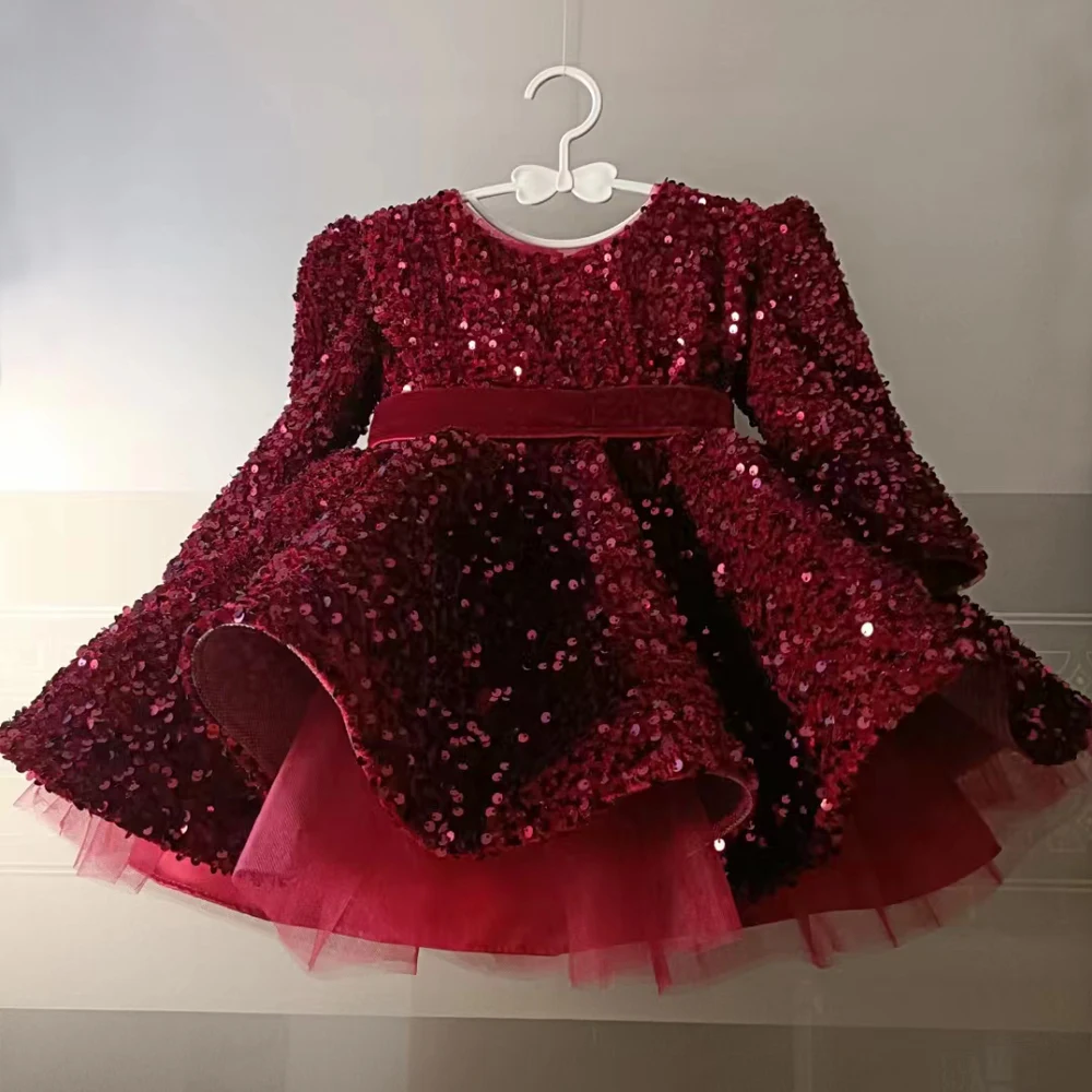 Autumn Winter New Arrival Long Sleeve Kids Red Sequin Fancy Prom Flower Girl Princess Gown Baby Birthday Party Dresses