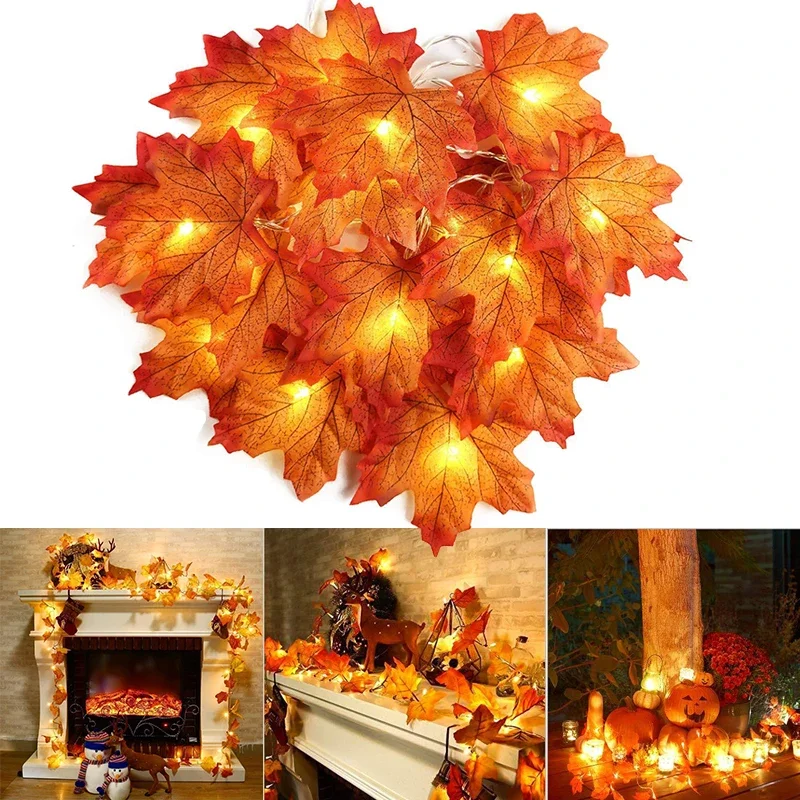 Lampu LED daun Maple buatan, dekorasi Natal 2/3/6M tali lentera karangan bunga pesta rumah DIY dekorasi Halloween Yea