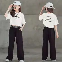 2024 Sommer Kinder Trainings anzug Kinder Mädchen Kleidung Brief Ernte Top T-Shirt weites Bein Hosen Anzug Teenager 6 7 8 bis 10 11 12 Jahre