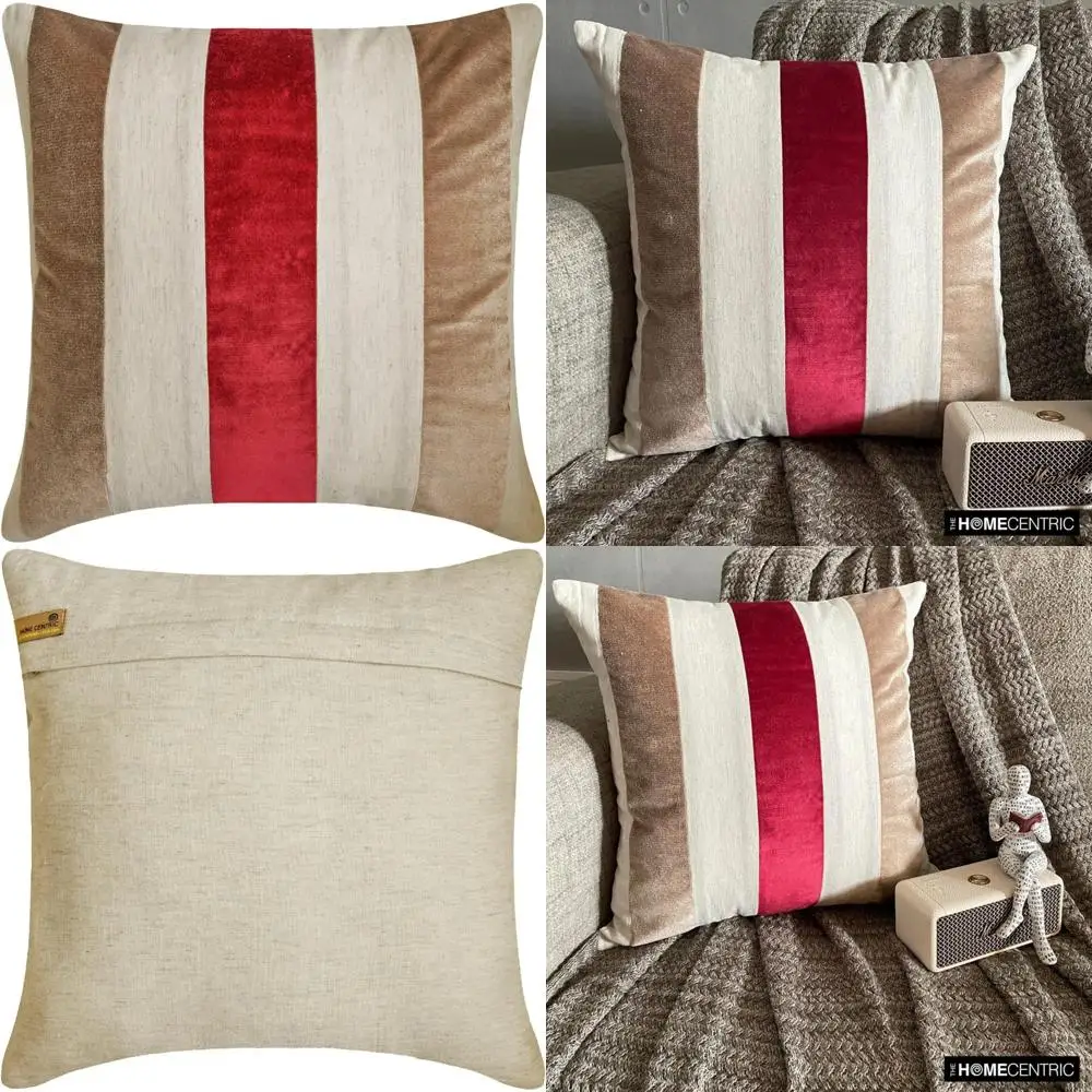 

Red Velvet and Linen Patchwork Throw Pillows, 18x18 Inches, Set of 2, Couch Decorative Pillows with Stripe Pattern