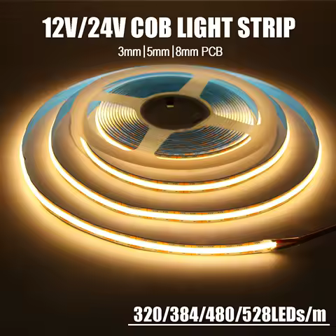 DC 12V 24V COB LED Strip Light 320 384 480 528LEDs High Density Flexible Tape 3mm 5mm 8mm PCB COB Linear Light 3000K 4000K 6000K