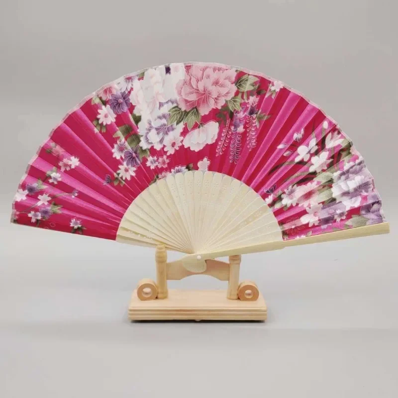 

Luxury Dance Foldable Cloth Hand Fans Bamboo Bone Flowers Print For Home Wedding Party Decoration Party Performance Program Prop