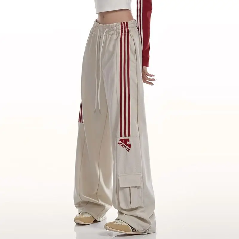 

American High Street Hiphop Versatile Workwear Pants Women Print Letter Stripe Pockets Drawstring Loose Sports Straight Trousers