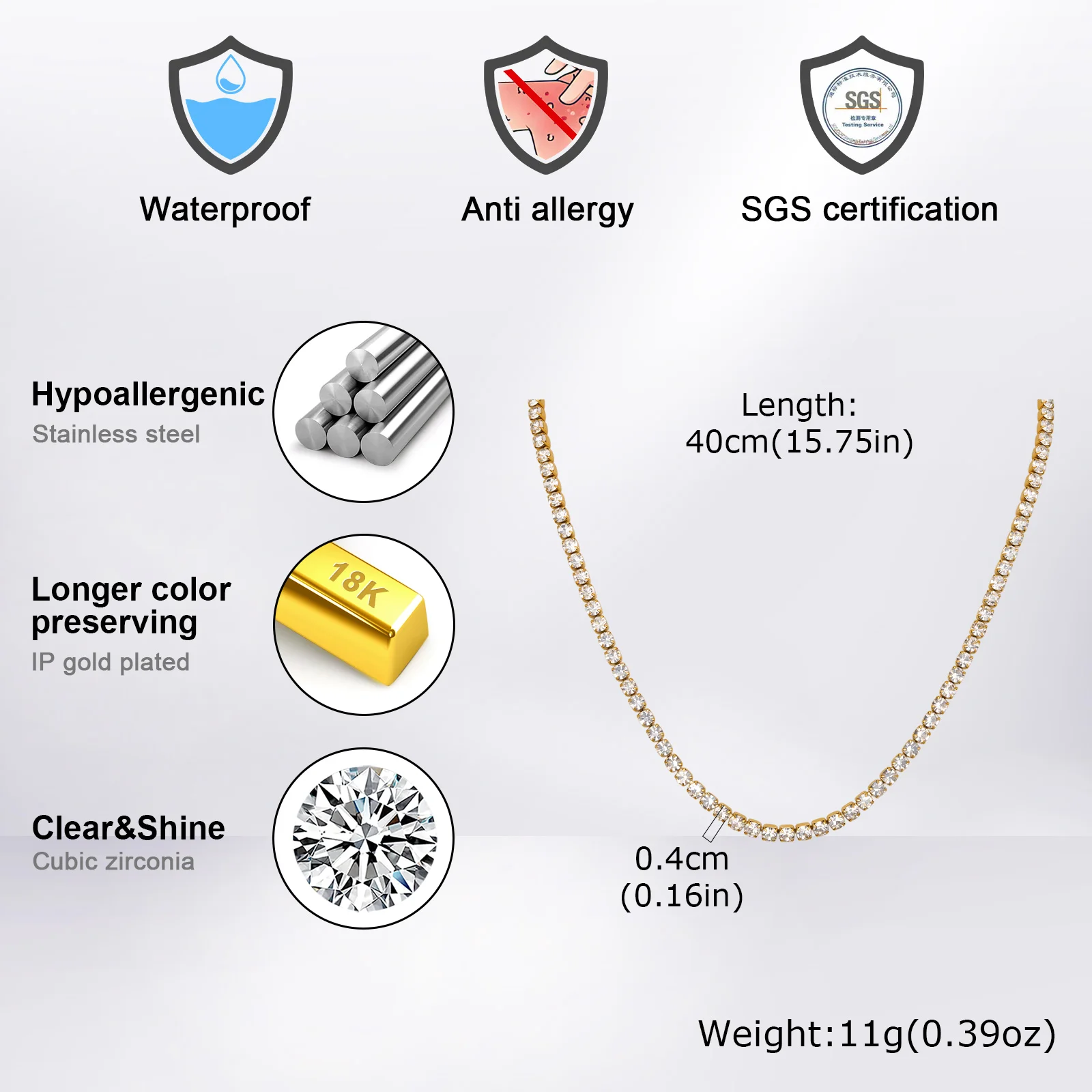 Hip Hop Tennis Chain Necklace for Men,4mm Stainless Steel Zircon Chokers,Luxury Rock Punk Jewelry Gift for Husband Dad Son