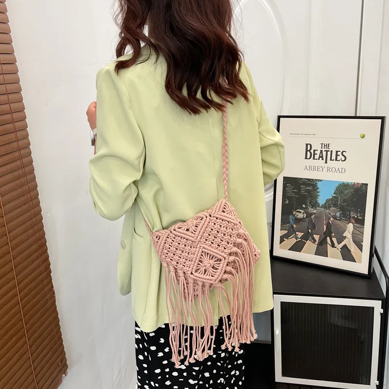 Neue Strohs ack böhmische Quaste Strand tasche Frauen häkeln Fransen Cross body ultraleichte Umhängetasche Frauen kleine Bolsos Feminina – Detail 32