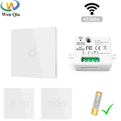 Wireless RF Smart Light Wall Switch with Remote Control Touch Wall Panel Mini Relay Receiver 110V 220V 10A (inlude battery)