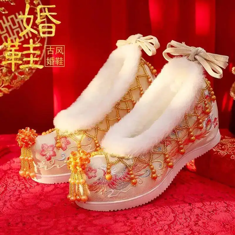 Xiuhe Shoes Wedding Shoes Chinese Bridal Shoes Phoenix Necklace Red Shoes Cloth Shoes Embroidered Shoes Ancient Hanfu Shoes