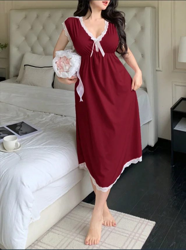 Damen Vintage Weinrotes Nachthemd, Weißer Spitzenbesatz V-Ausschnitt Ärmellos mit Vorderbindung, Geraffte Taille Fließendes Midikleid Weich Hautfreundlich