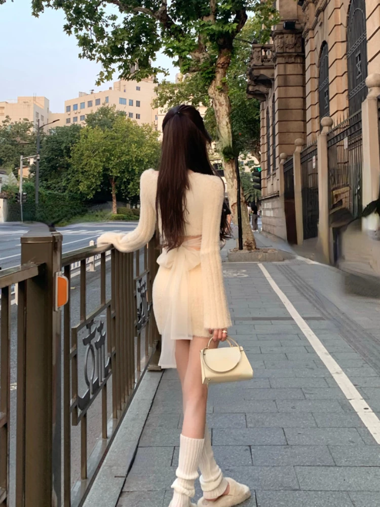 2023 Autumn Knitted 2 Piece Dress Set Woman Slim Bodycon Y2k Mini Skirt + Long Sleeve Fairy Crop Tops Female Casual Korean Suit