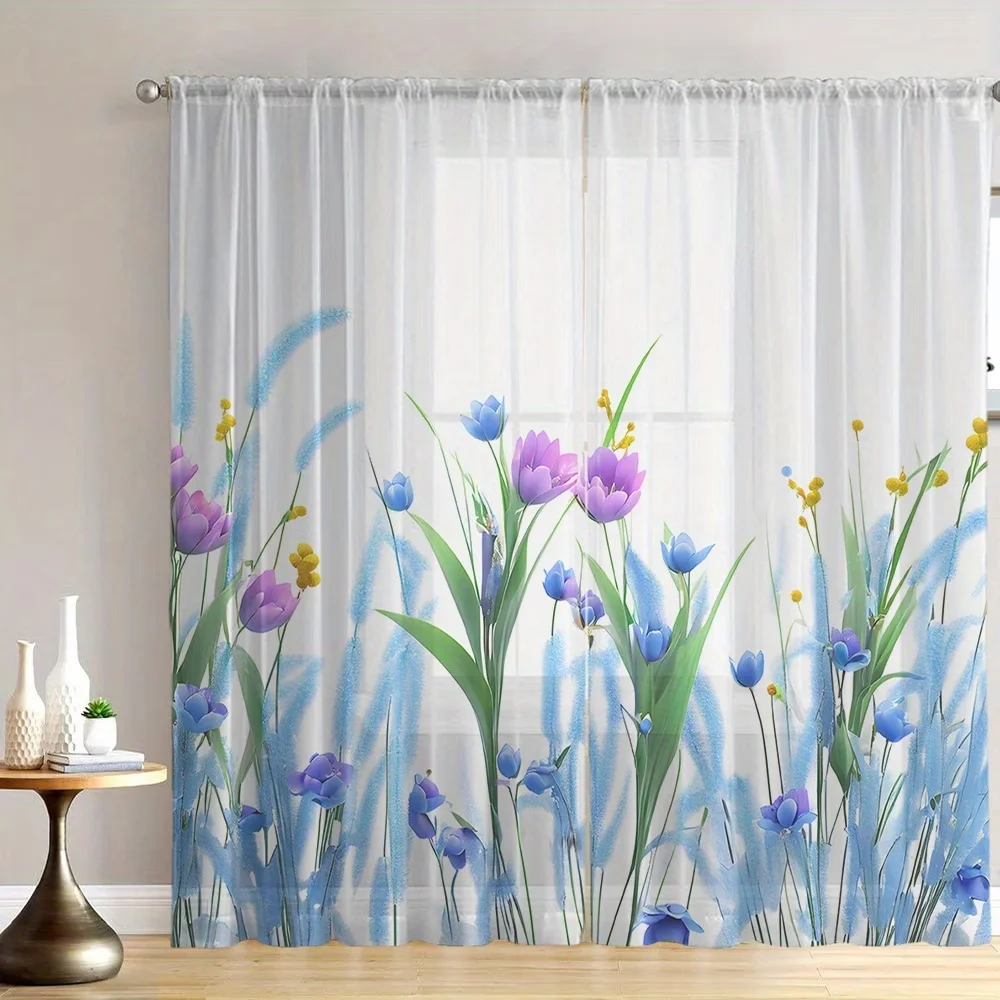 2PCS Digital Printed Sheer Curtain, Blue Purple Green Plants, Botanical Tropical Foliage for Living Room Bedroom Home Decor