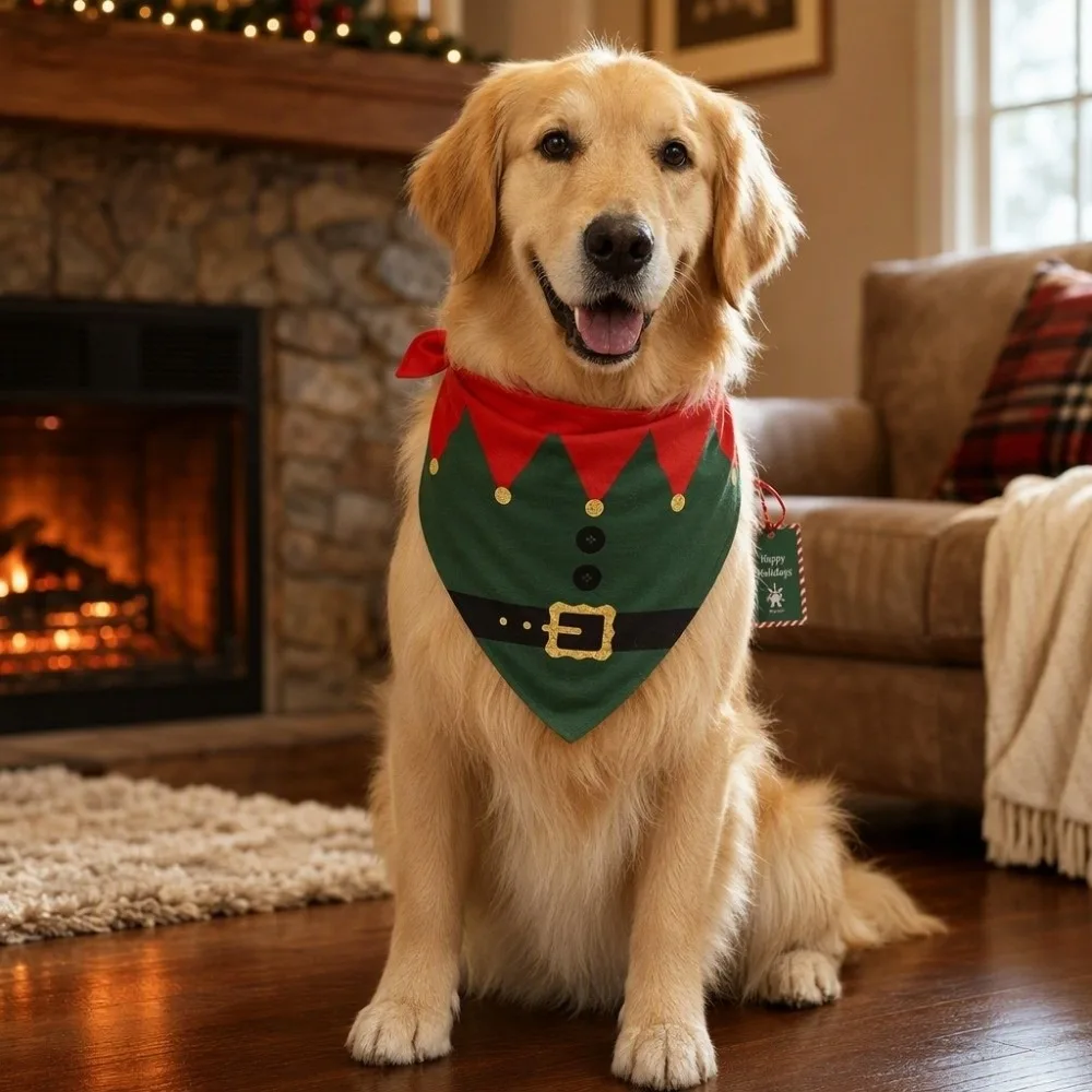 Adjustable Christmas Dog Bandanas Tie-on Red Green Pet Costume Accessories Kawaii Polyester Santa Elf Triangle Bib Scarf