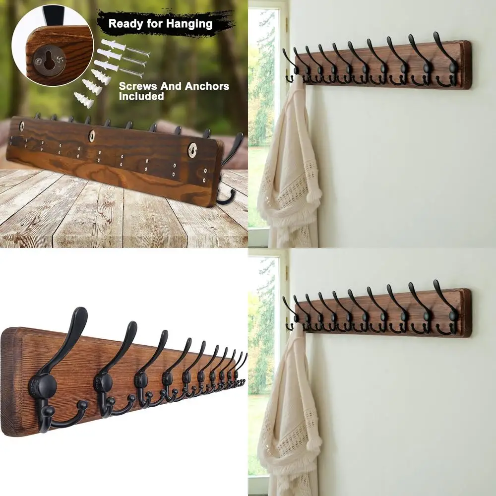 

Прочная деревянная вешалка для одежды 38,25 дюйма с 10 тройными крючками для хранения в прихожей в стиле рустик/фермерский дом, натурального и черного цвета