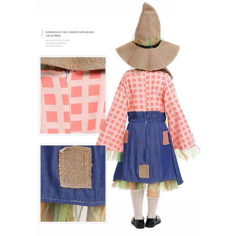 Plaid Patch Scarecrow Parent-child Dresses with Hat Halloween Kids Adult Scarecrow Cosplay Costume Festival Party Drama Dress Up