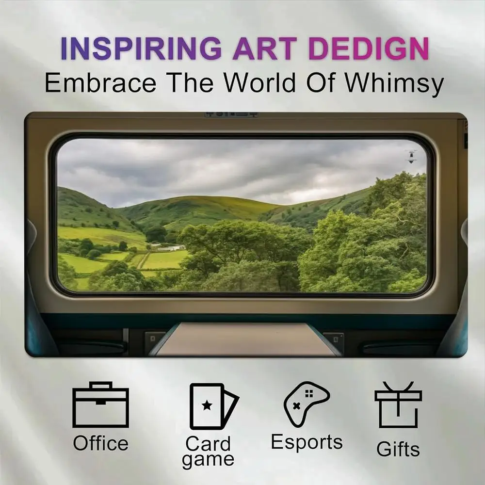 Train Window View TCG Playmat Green Countryside Valley Rolling Hills Rural Landscape Travel Illusion Art Non‑Slip Desk Mat