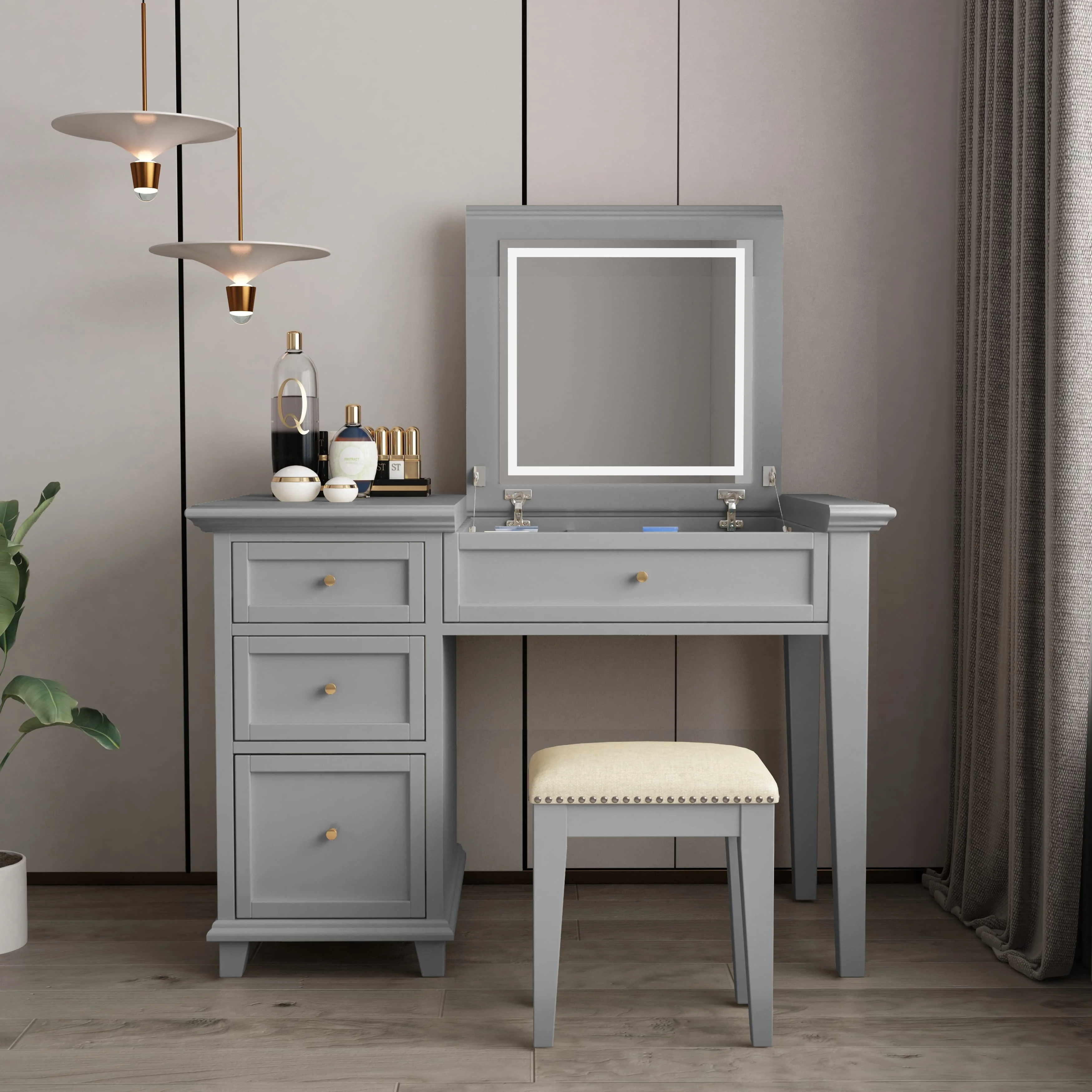 Modern Minimalist Dressing Table with Flip Mirror Grey Solid Wood Makeup Desk with Gold Knobs for Home Bedroom
