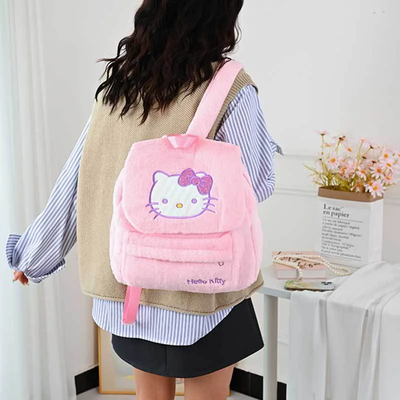 Sanrio Hello Kitty Cute Sweet Student School Bag Kulomie Cartoon Embroidery Printing Simple Fashion Plush Flip Backpack