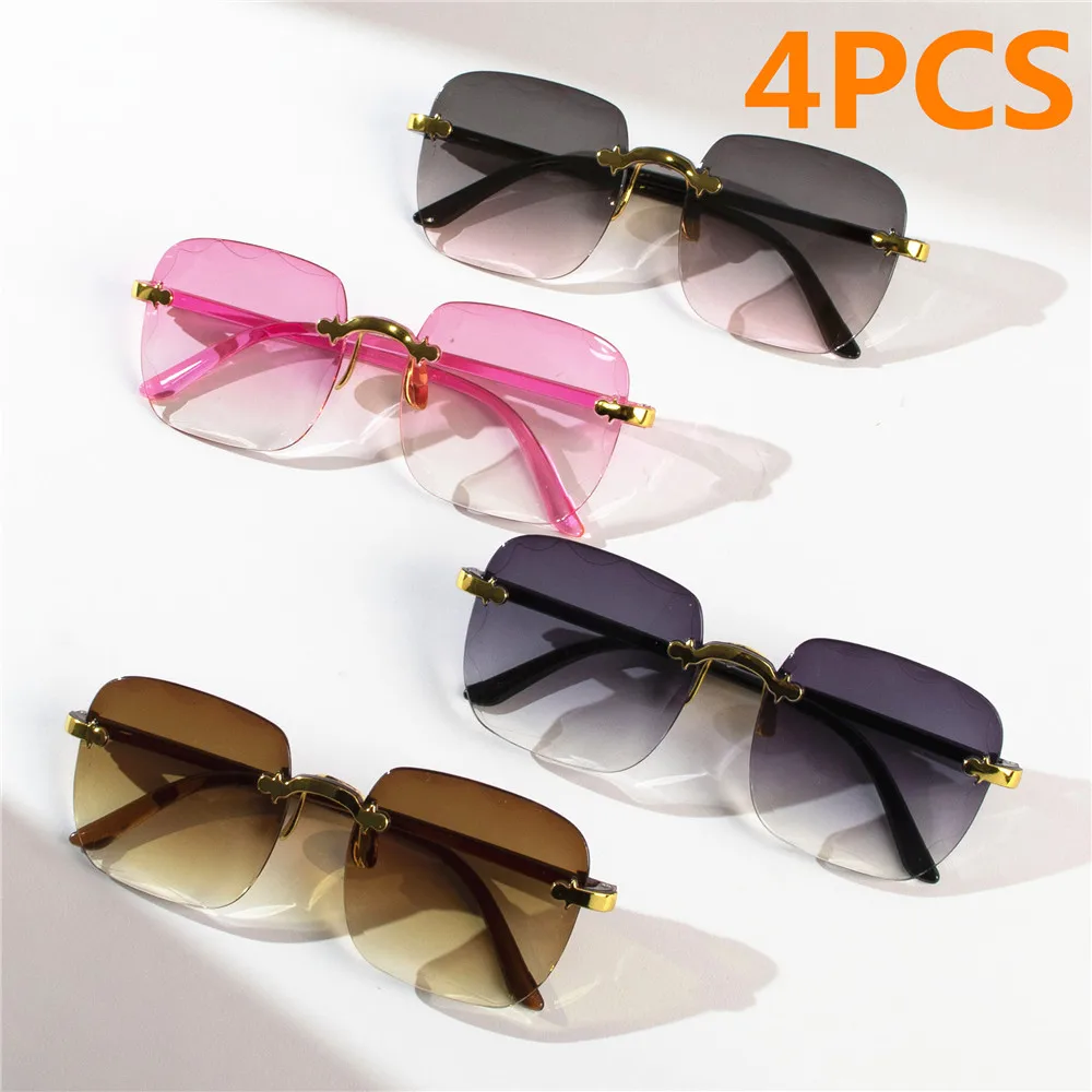 4PCS Square Rimless Sunglasses Women Luxury Brand Designer Summer Red Glasses Fashion Sun Glasses For Men Shades Oculos