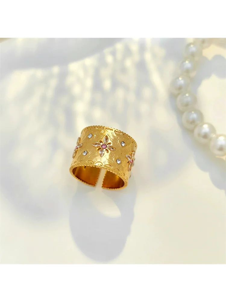 

New Fashion Hollow Out Stainless Steel Ring for Women Adjustable Zircon Inlaid Finger Ring Delicate Jewelry