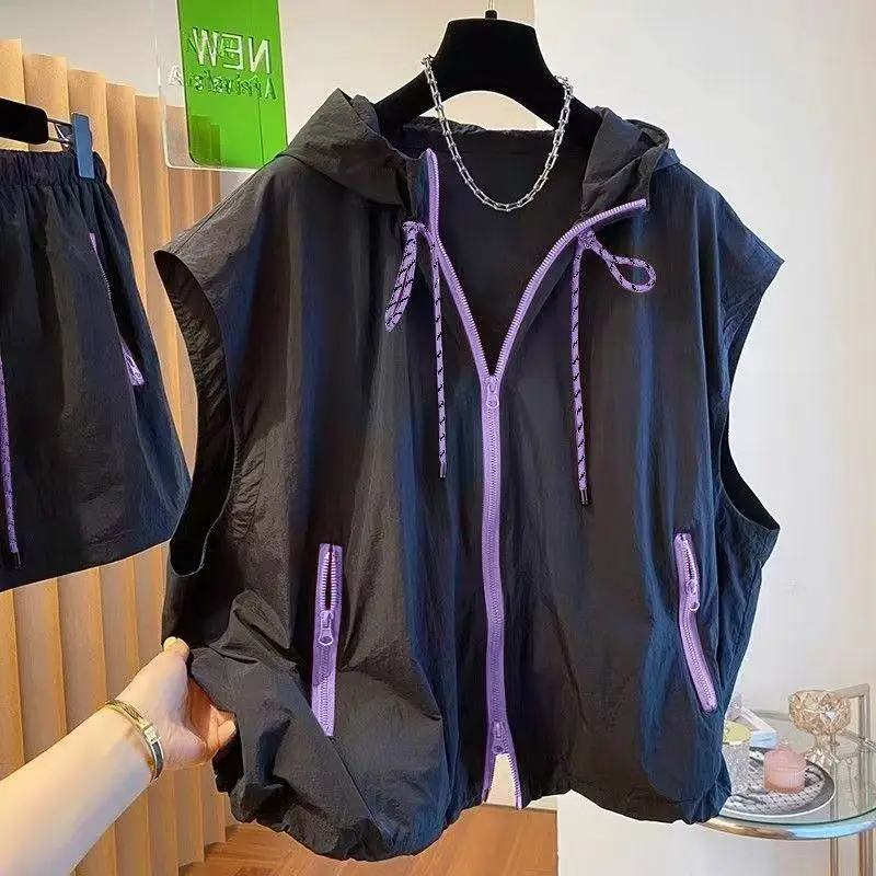 Spring/Summer Outdoor Hooded Vest Cargo Workwear Sleeveless Lightweight Oversized UV-Protective Jacket Sweatshirt Zip Sportswear