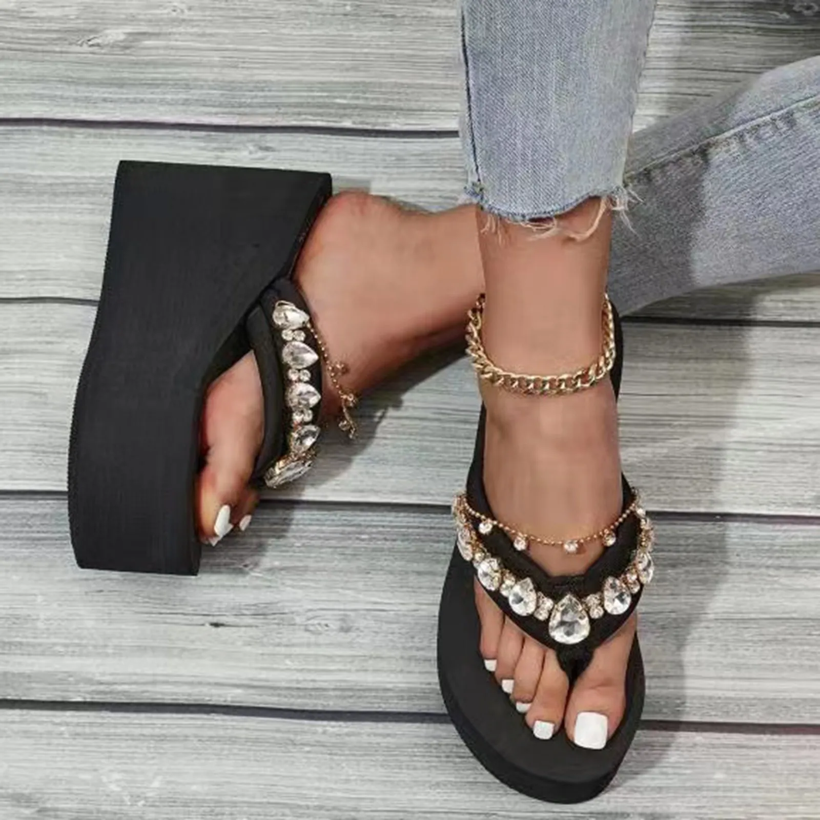 Women Shoes Thick Sole High Heel Wedge Flip Flops Fashion One Foot Wear Comfortable High Heel Beach Flip Flops Women Platform