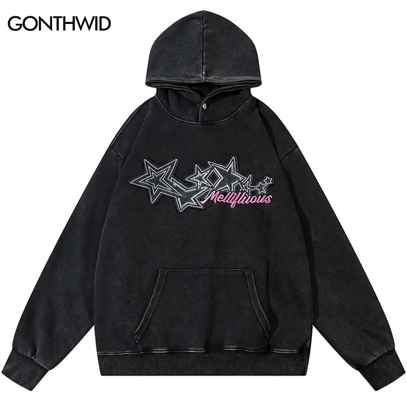 Vintage Oversized Hoodie Y2K Hip Hop Embroidered Star Patch Washed Hooded Sweatshirt Men Harajuku Punk Gothic Pullover Black