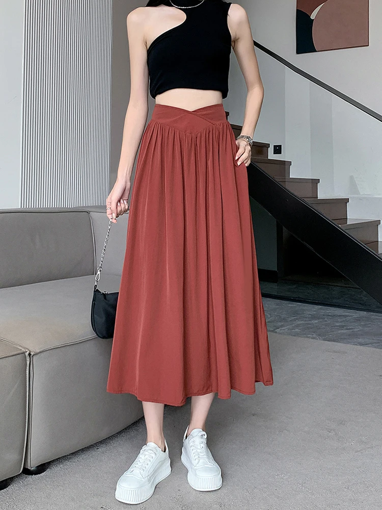 

Bla Asymmetrical Midi Skirt Women's Summer High Waist A-Line Slimming Umbrella Skirt Korean Sle Commute Pure Color