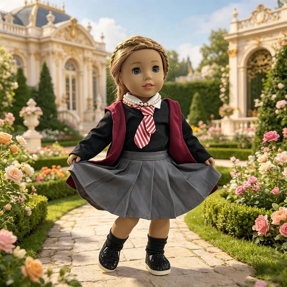 

18 inch Doll Academy Style Multi piece Set with pleated skirt, shirt, sweater, suitable for clothing and accessories of 18 inch