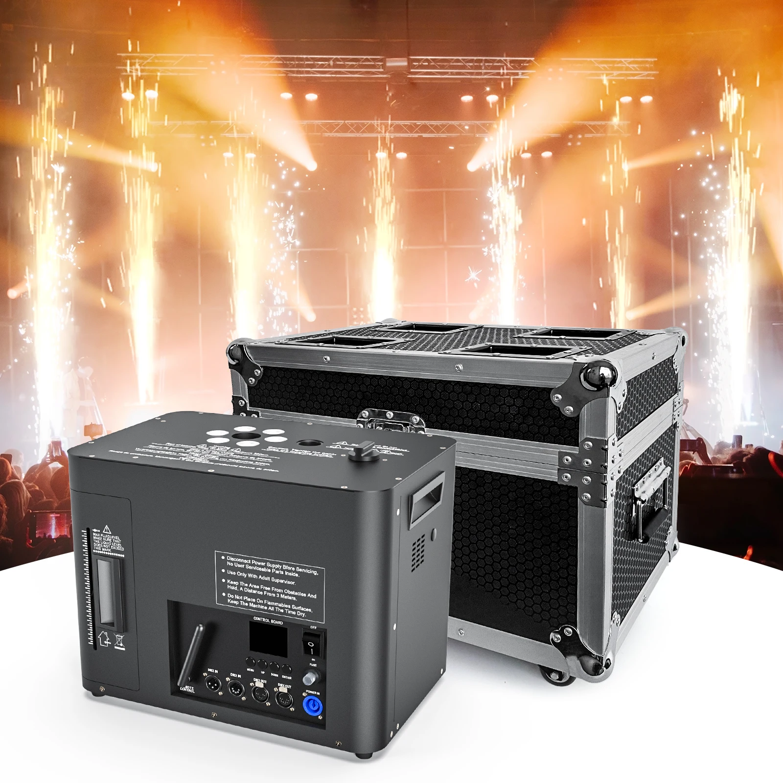 

LED Smoke Spray Machine and Flightcase 2400W Spark Machine DMX512 Stage Equipment for Wedding Musical Show Bar Birthday