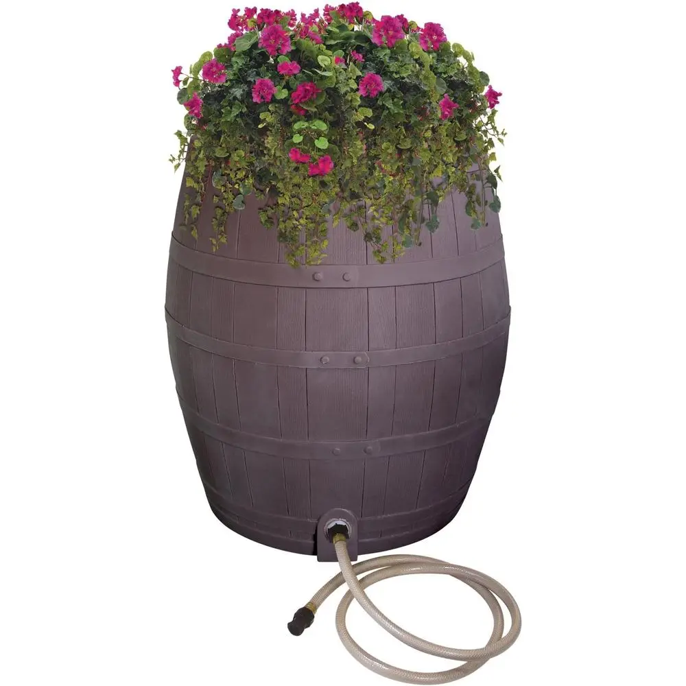 50 Gallon Whiskey Barrel Rainwater Harvester with Planter, Diverter, and Hose - Brown