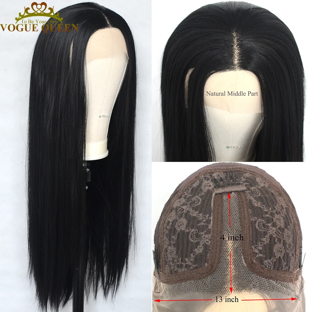 Voguequeen 1B Black Synthetic T Lace Front Wig Heat Resistant Fiber Natural Hairline Daily Wear For Women