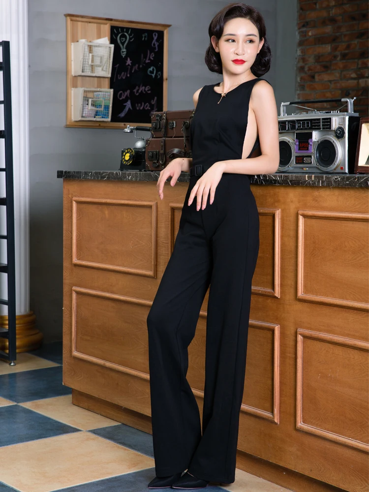 European And American Sexy Jumpsuit Pants Fashion Temperament Backless Black OL Lengthened Wide Leg Pants Women's High Waist