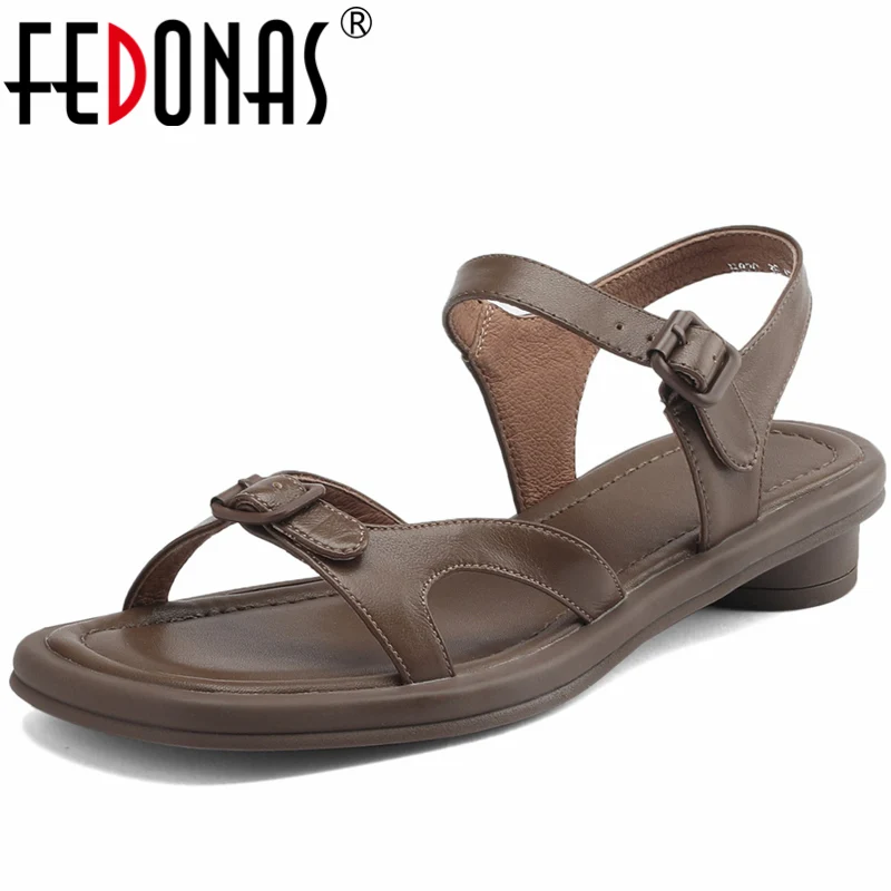 FEDONAS Leisure Low Heels Women Sandals Summer New Arrival Ankle Strap Casual Working Genuine Leather Shoes Woman Basic Concise