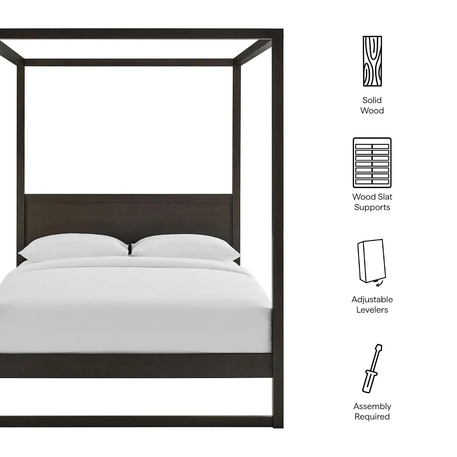 King Size 4-Post Wood Platform Canopy Bed with Headboard & Solid Rubberwood Frame in Smoked Oak, Customized