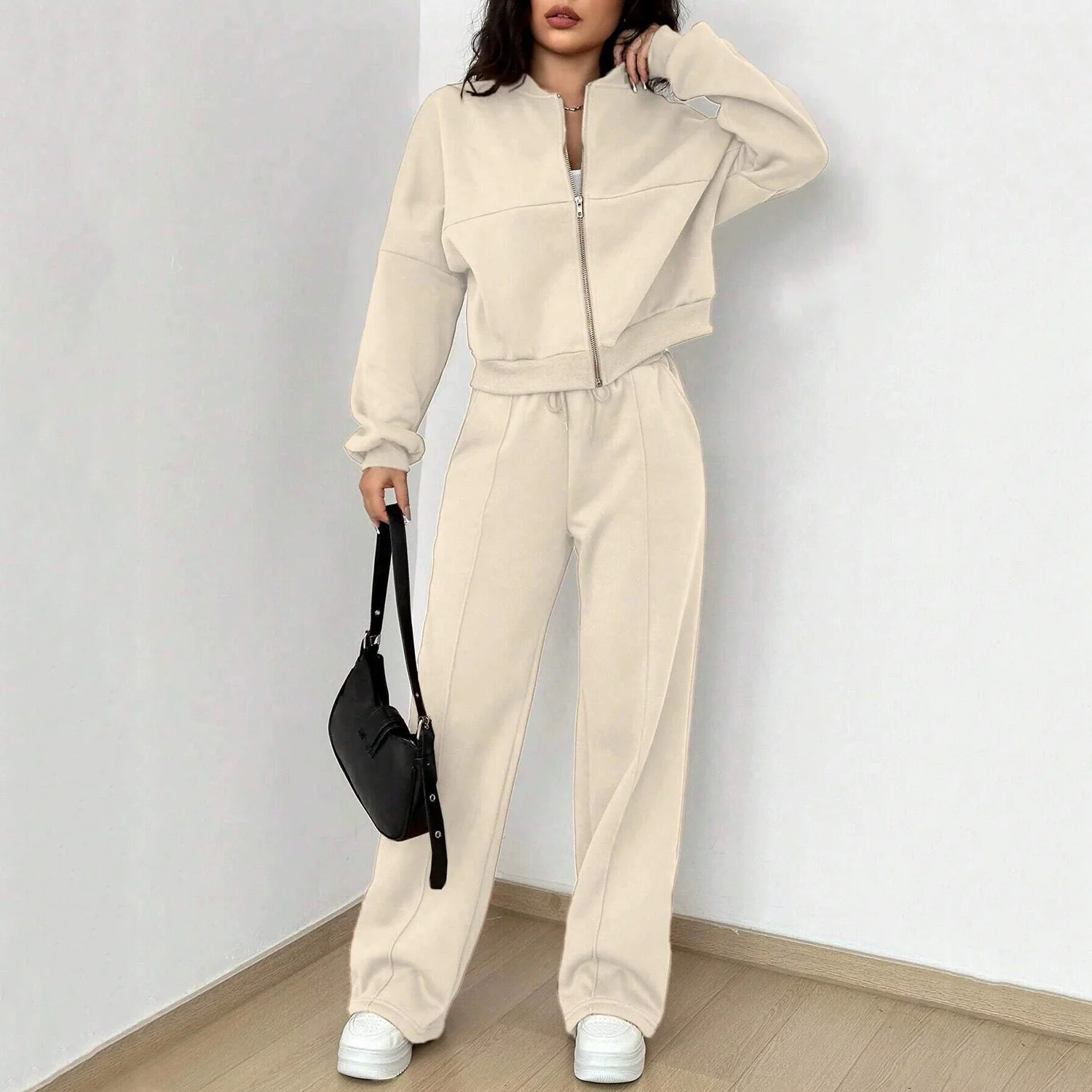 2026 New Spring Women's Zip Up Bomber Jacket and Drawstring Flared Pants Suit Fashion Casual Cozy Daily Sporty Simple Style Sets