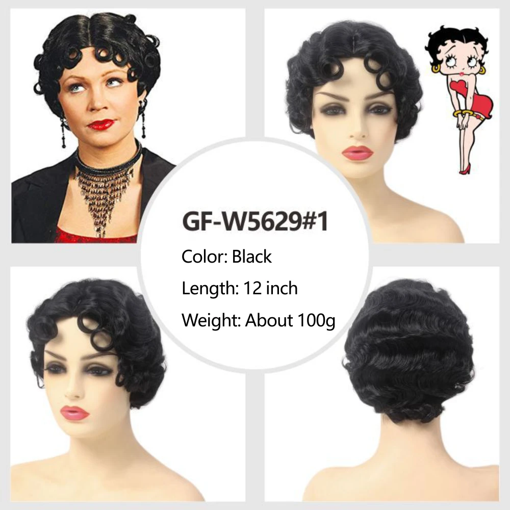 REEWES Short Curly Finger Wave Wigs With Oblique Bangs 1920s Retro Wavy Cosplay Costume Wig Classy Vintage Wavy Style For Women