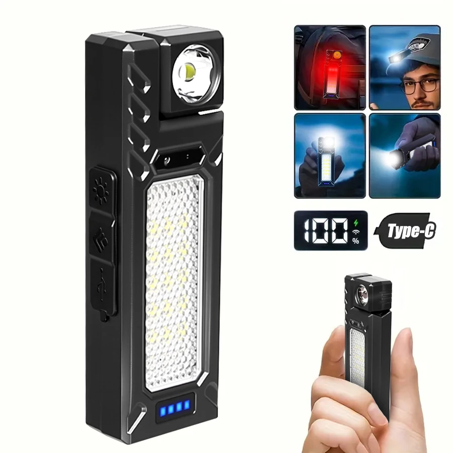 Portable Powerful Sensor Flashlight Type-C Rechargeable Led Torch with Magnet Outdoor Waterproof Hat Clip Lamp Camping Lantern