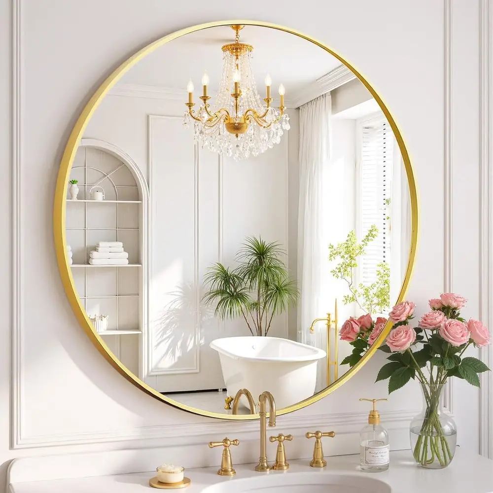 

Round Wall Mirror 30 Inch Gold Vanity Mirror with Metal e, ern Circle or Bathroom, Entryway, Bedroom, Living Room, Wall Mounted