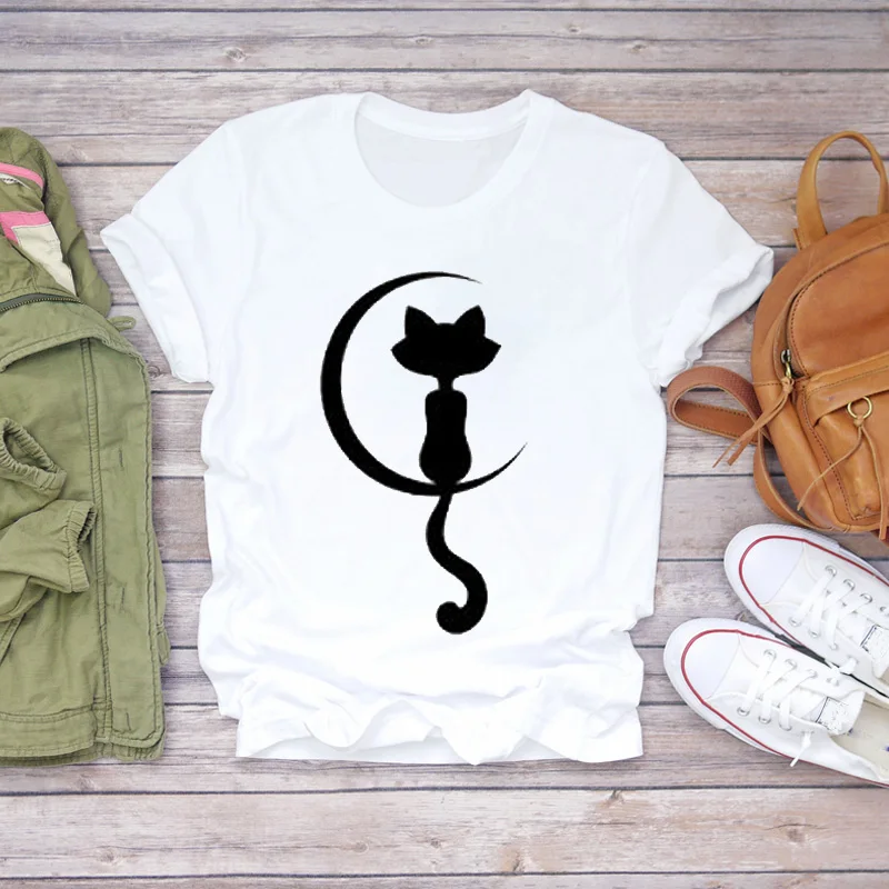 T-shirt à manches courtes pour femmes, vêtement de voyage, imprimé chat, amour, battement de cœur, patte d\'animaux, années 90